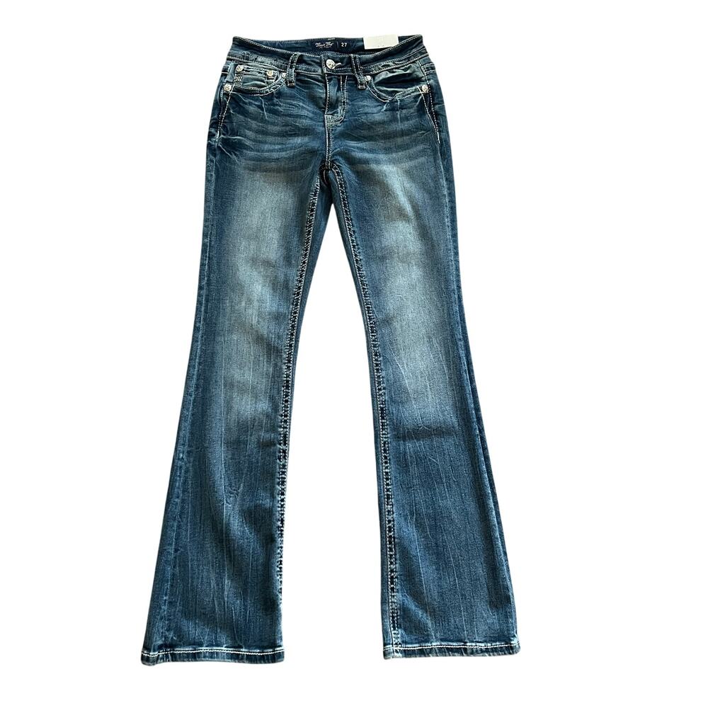 $134 NWT Miss Me Mid Rise Boot Cut Jeans Feather Star Dreamcatcher Sequins Sz 27 - Picture 3 of 7